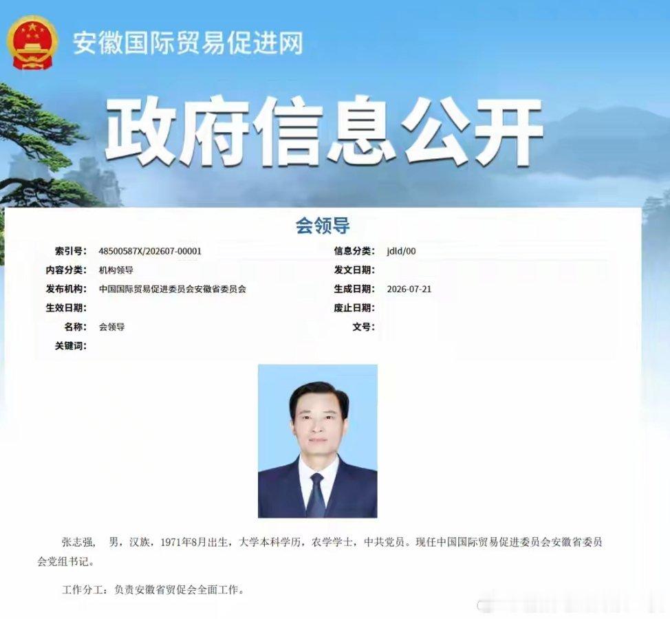 淮南市原市长张志强，已任中国贸促会安徽省委员会党组书记。