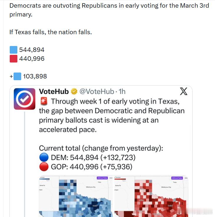 民左党人在3月3日初选的提前投票中，投票人数正在超过共和党。如果德克萨斯州失守，