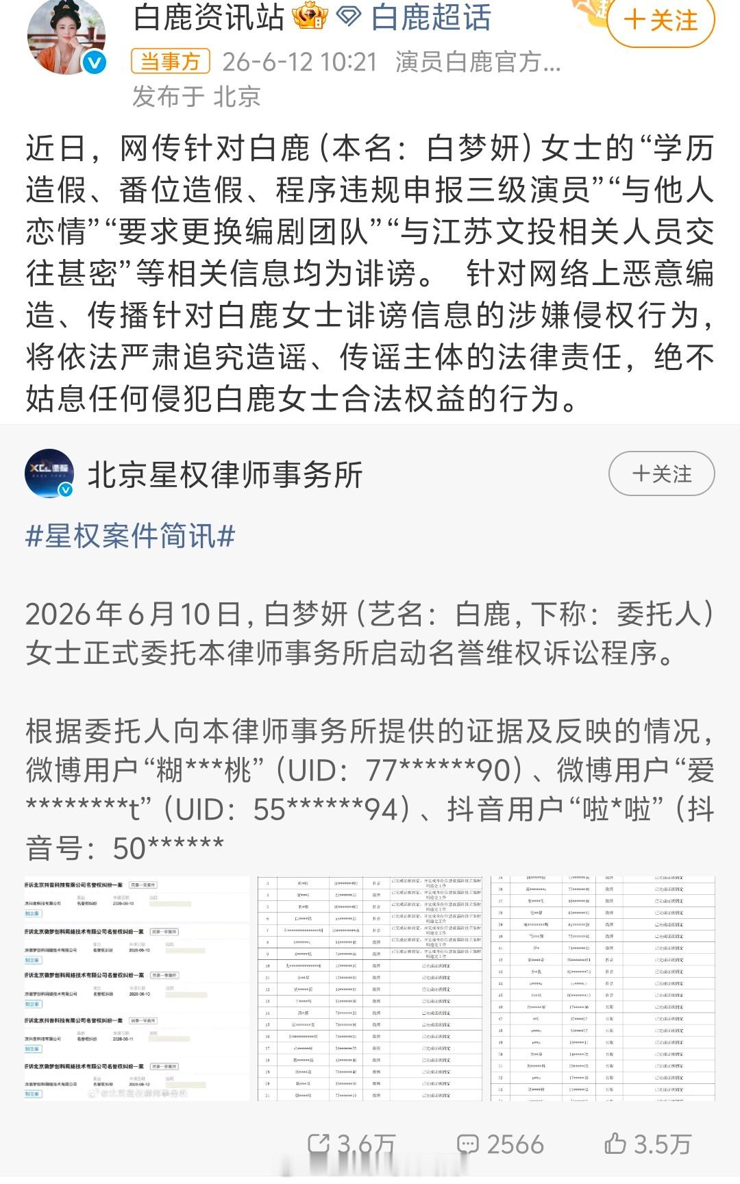 白鹿工作室声明否认近期传闻：“学历造假、番位造假、程序违规申报三级演员”“与他人