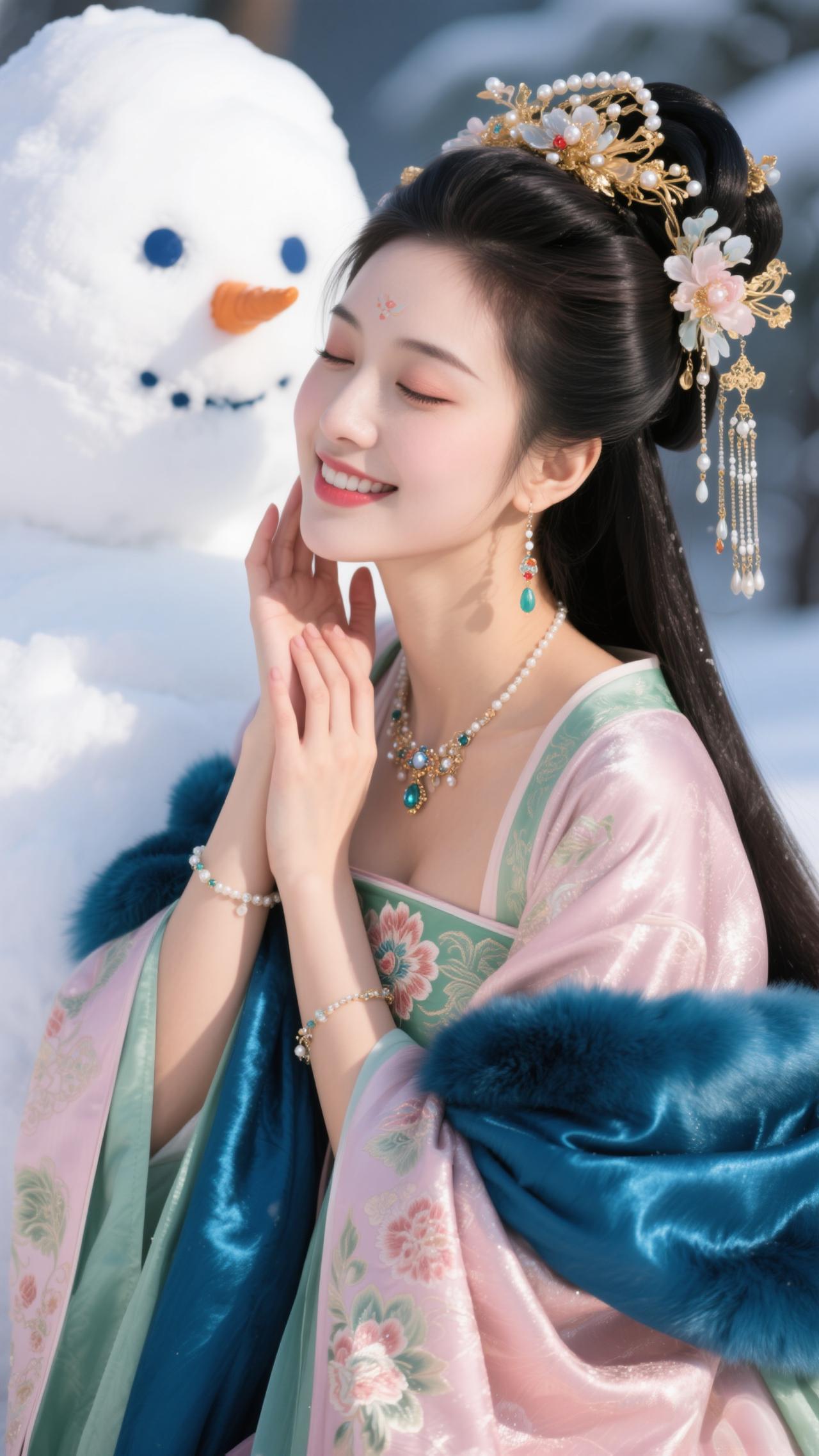 《鹧鸪天·雪畔惊鸿》粉袂茸裘落雪轻，云鬟金翠缀珠明。梅钿印颊春先透，笑靥偎雪