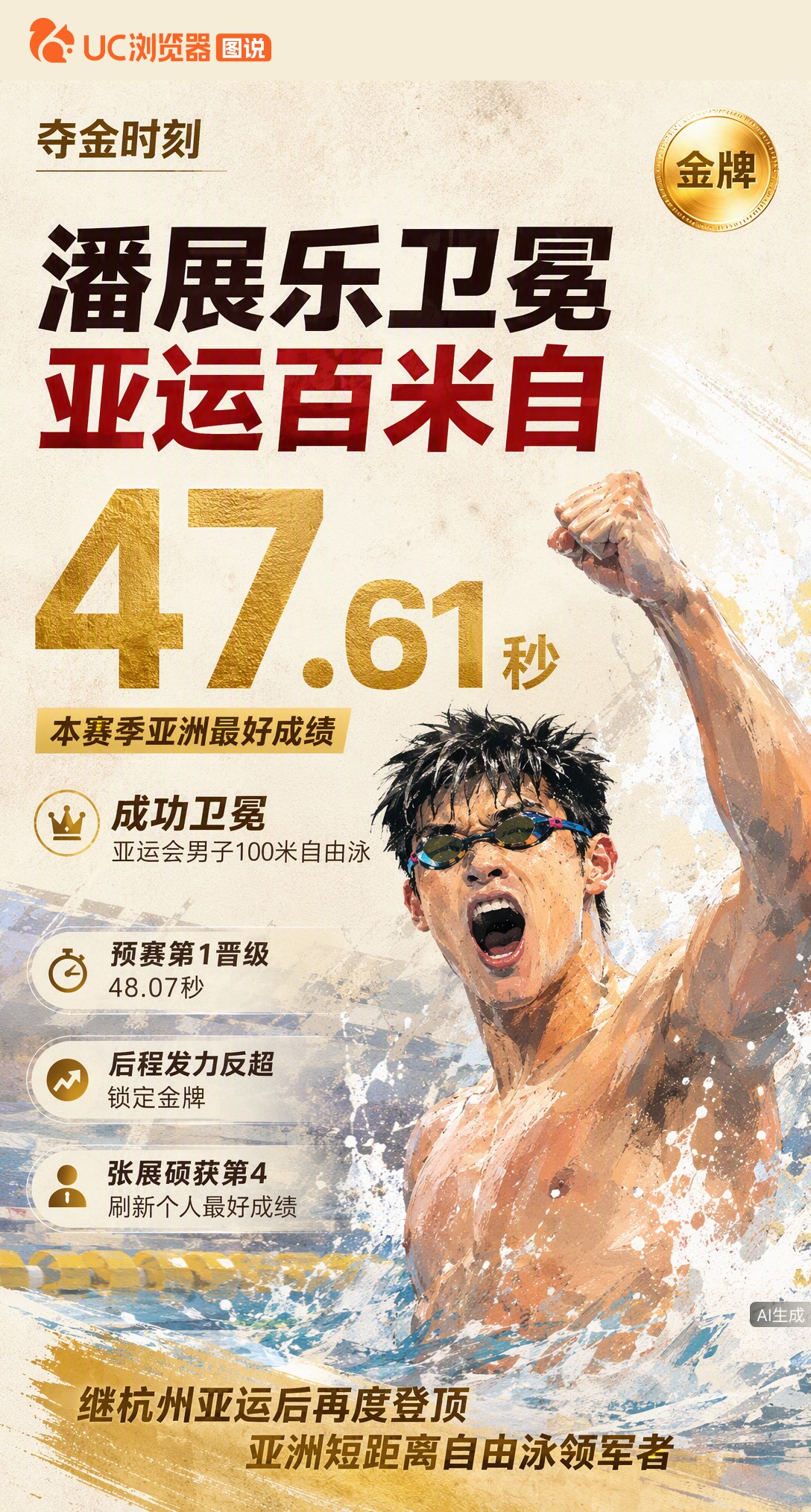 47秒61！潘展乐后程发力反超韩国选手，卫冕亚运男子百米自由泳冠军，成绩创本赛季亚洲最佳。继杭州亚运