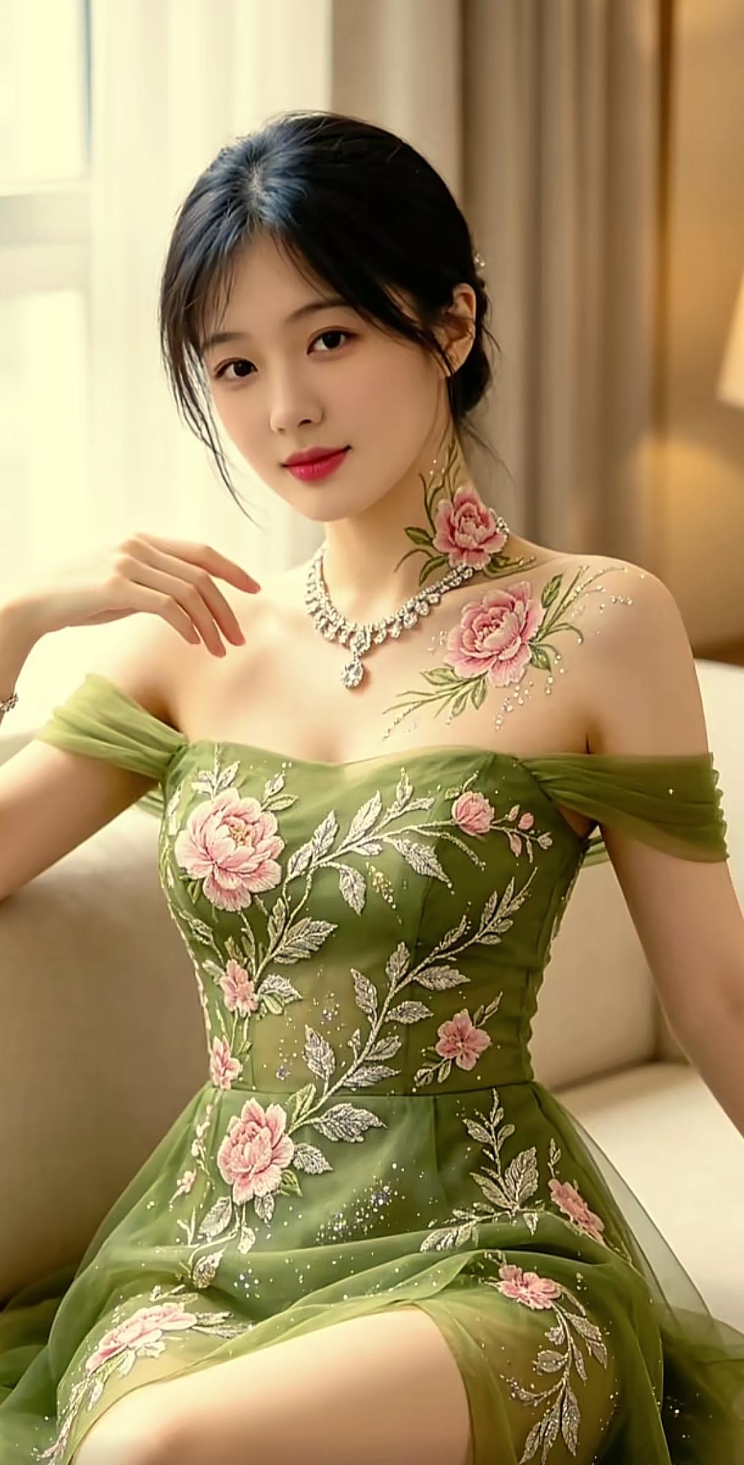 青纱藏繁花薄纱漾开温润青韵，粉牡丹缀满纱间，银叶碎钻微光轻颤。柔纱漫卷，花