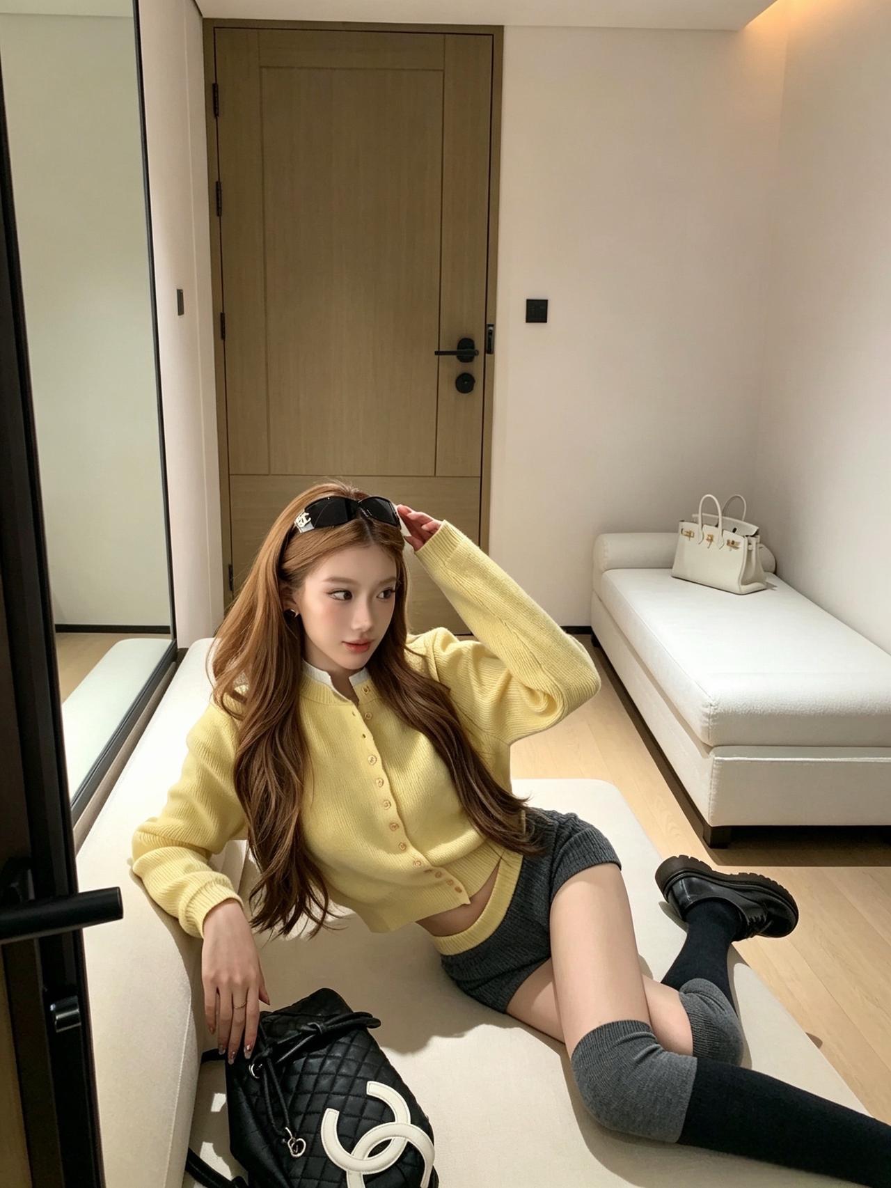 慵懒感look奶黄针织开衫老派少女的ootd休闲辣妹套装