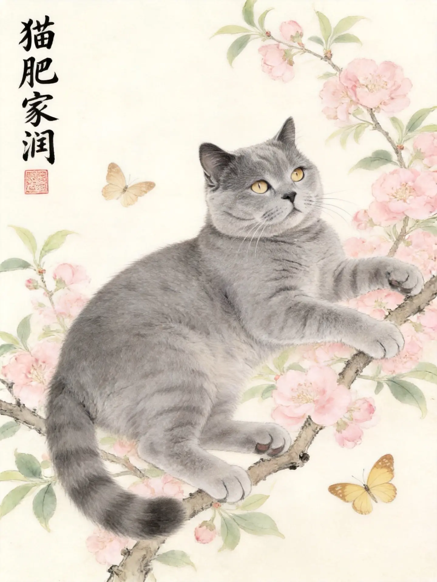 AI工笔桃花猫图 ai创作