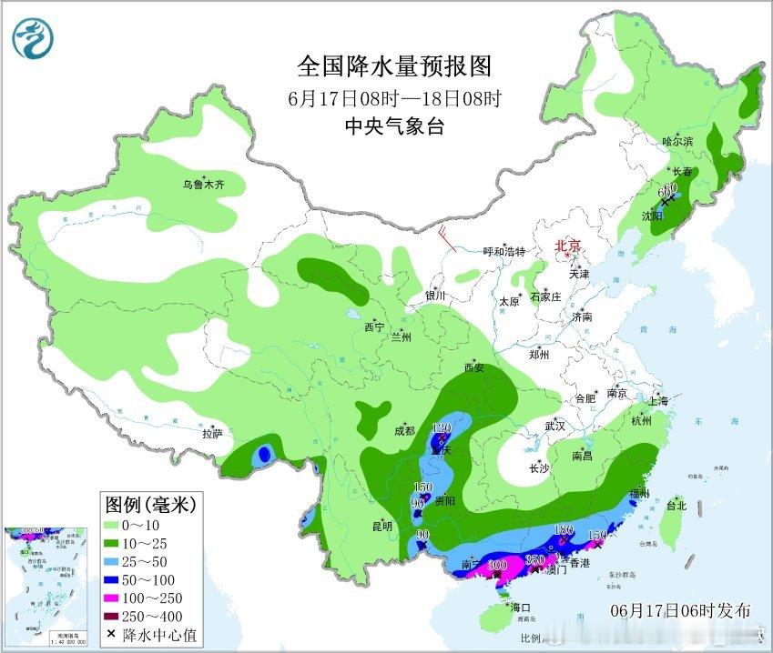 【强降雨】昨天到今晨，东北华北华南西南等地继续出现明显降雨，广东上川岛出现特大暴