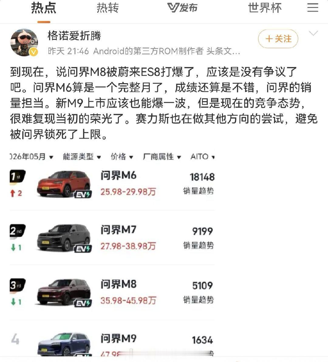 蔚来ES8的总销量和巅峰销量都还没超过问界M8，蔚来ES8是30万的车，均价就比