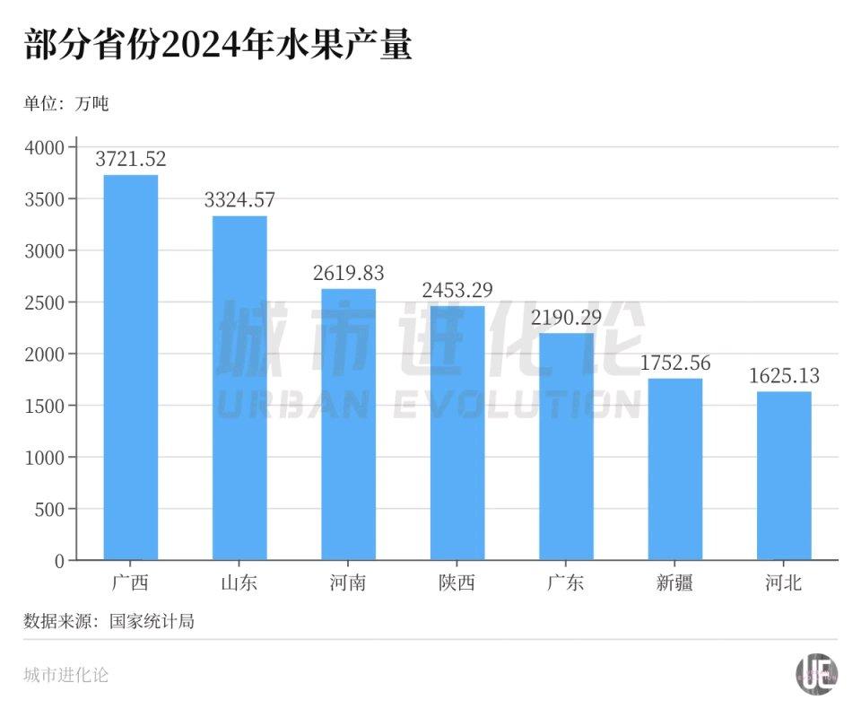 都说水果第一大省，广西确实风头正盛，去年以3721.52万吨的产量拔得头筹。不过