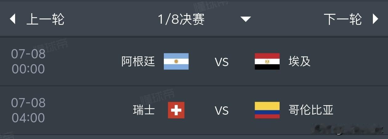 美加墨世界杯1/8决赛预测（7月8日）1，阿根廷2比0埃及2，瑞士1比1哥伦