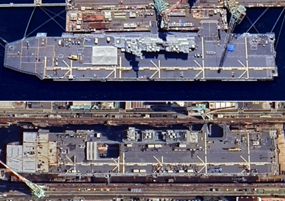 #卫星图揭露日本舰艇航母化改造进展#【美媒：卫星图像揭露日本“出云”级舰艇“航母