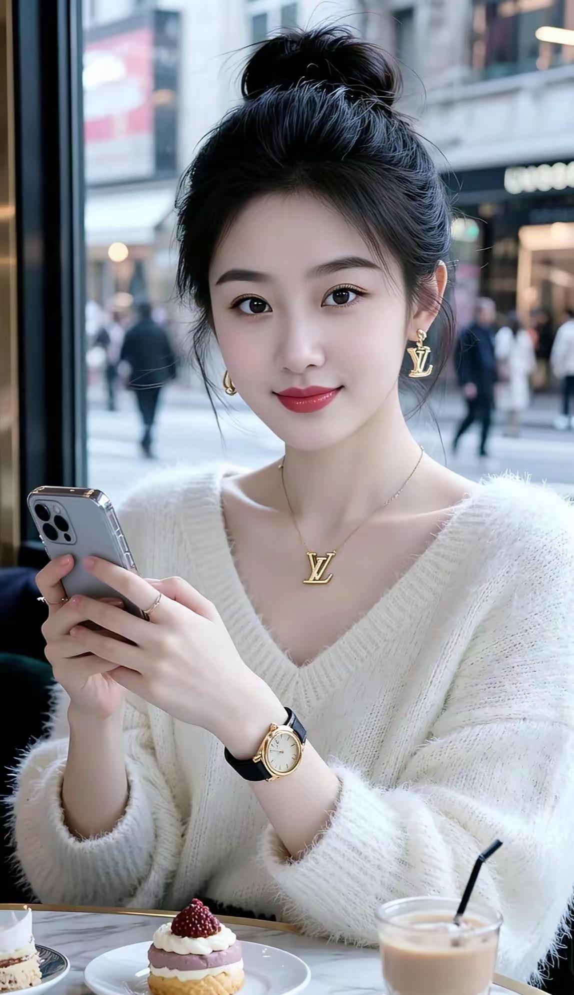 街角的咖啡店，用一杯甜饮和精致甜点接住慵懒的午后。软糯的白毛衣裹着温柔，配饰的小