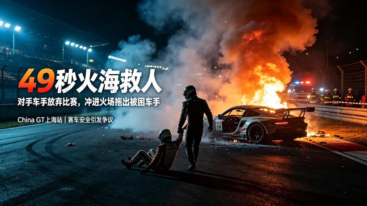 49秒内完成火海救人壮举，在中国GT上海站的赛道之上，91号赛车遭受撞击后马上燃