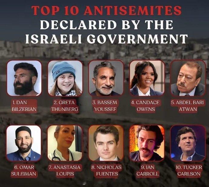 以色列这是要干什么，想搞江湖追杀令吗？十大反犹人物排行榜。塔克卡尔森要加油啊