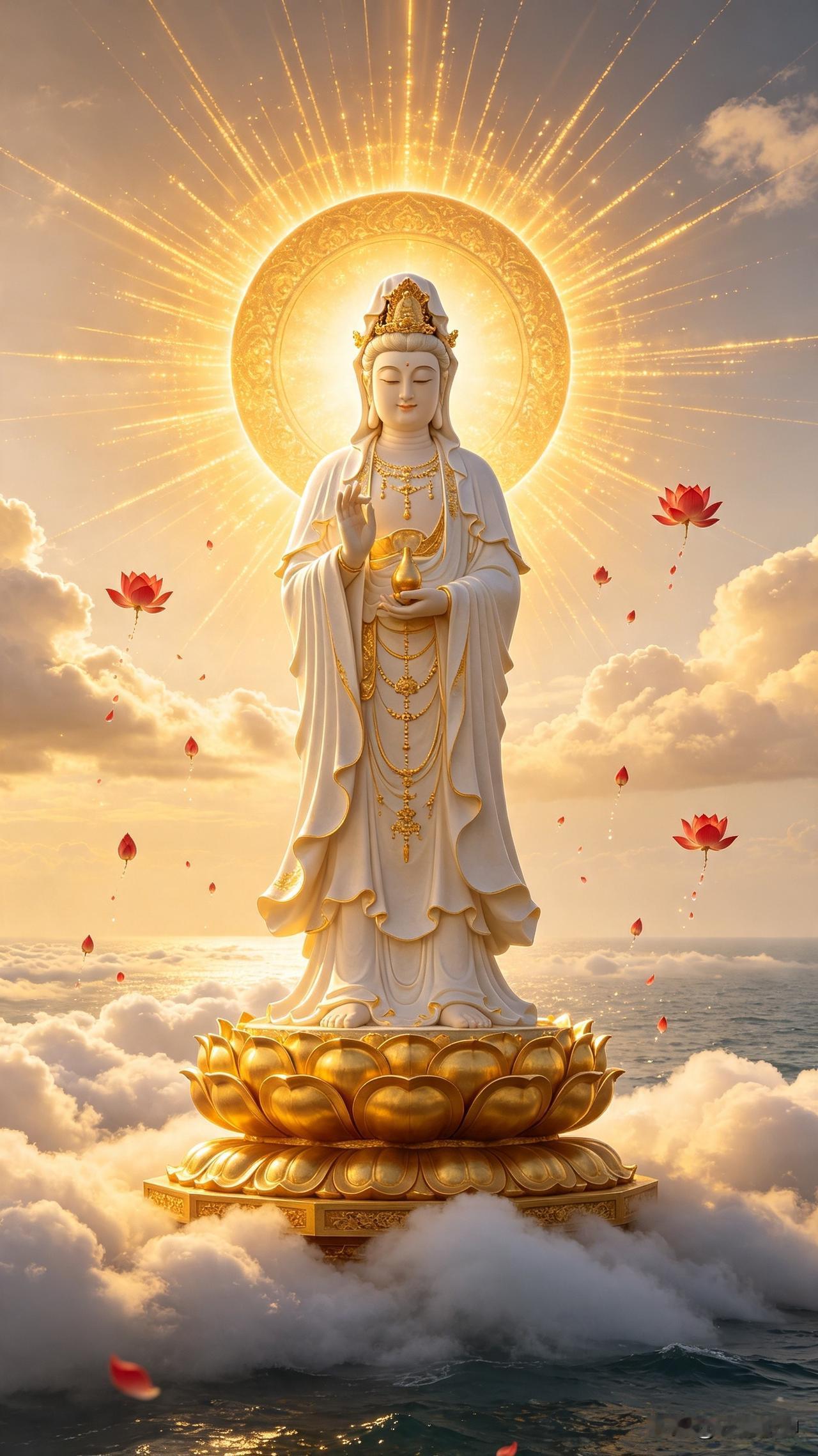 莲台自海面升腾！南海观音踏海显圣，佛光贯通天海，见者平安吉祥[