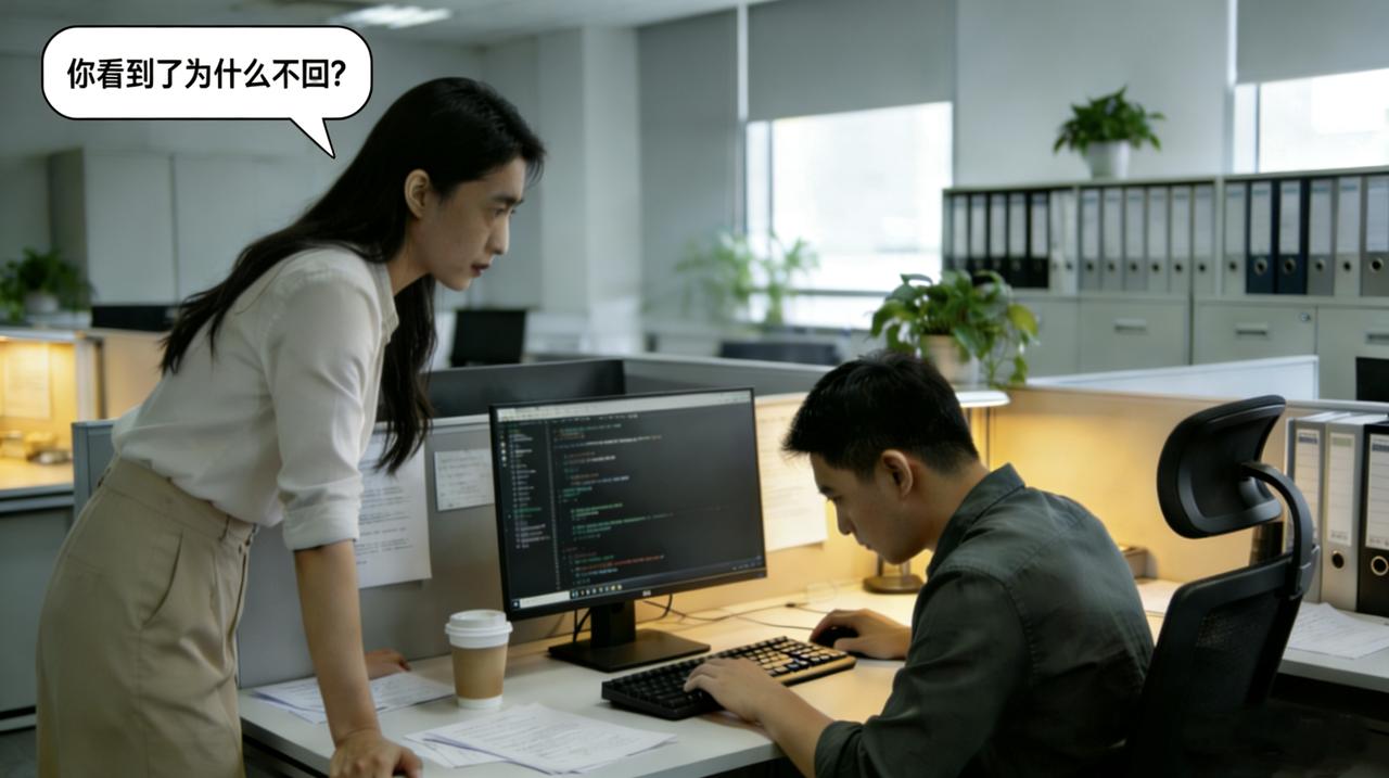 公司新来一个运营，特别较真。有次在钉钉上问技术部同事问题，对方已读不回。她等了