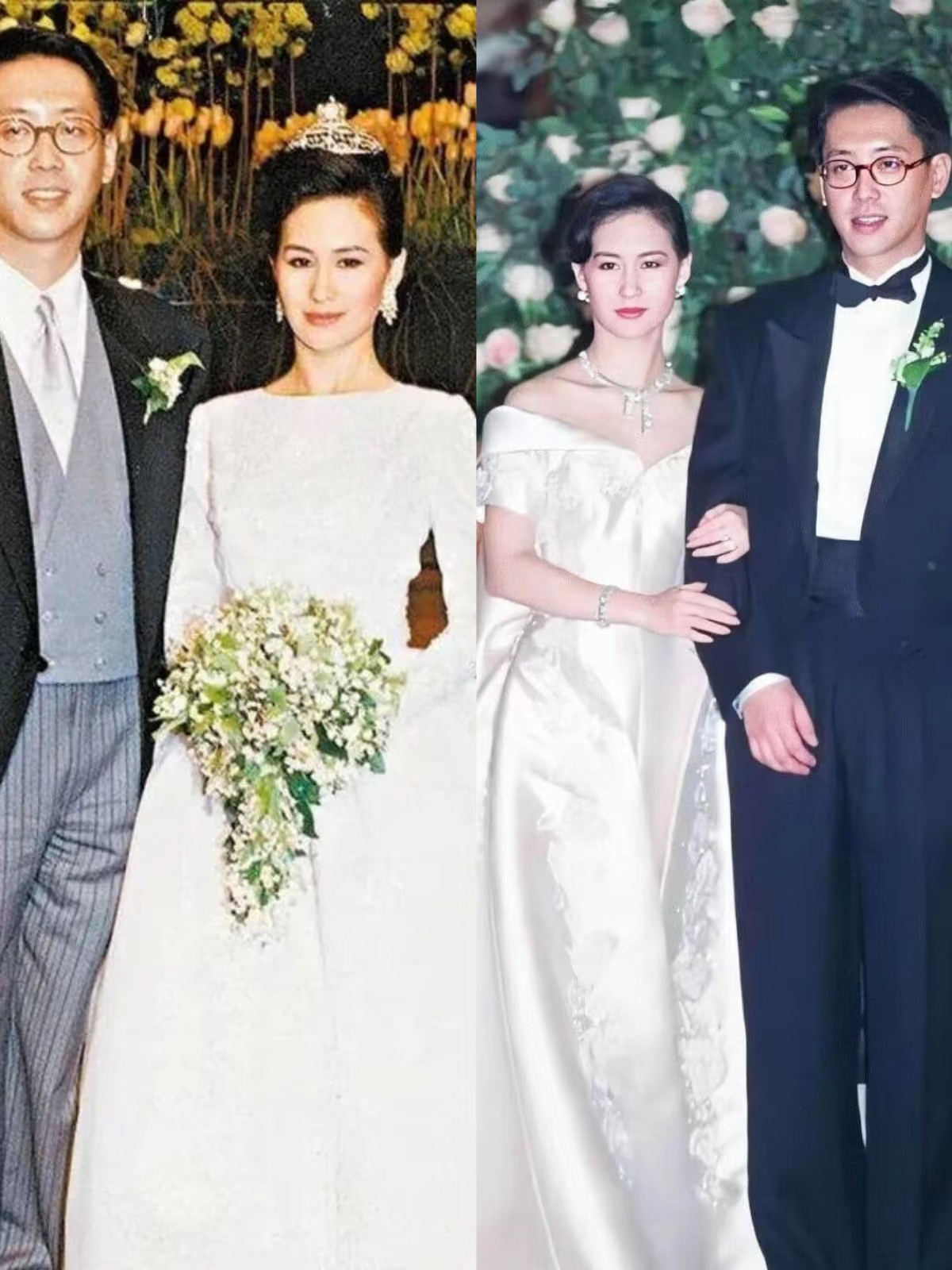 赌王家三场婚礼，三套婚纱风格差异显著。何超琼1991年大婚身着Dior缎面高定，