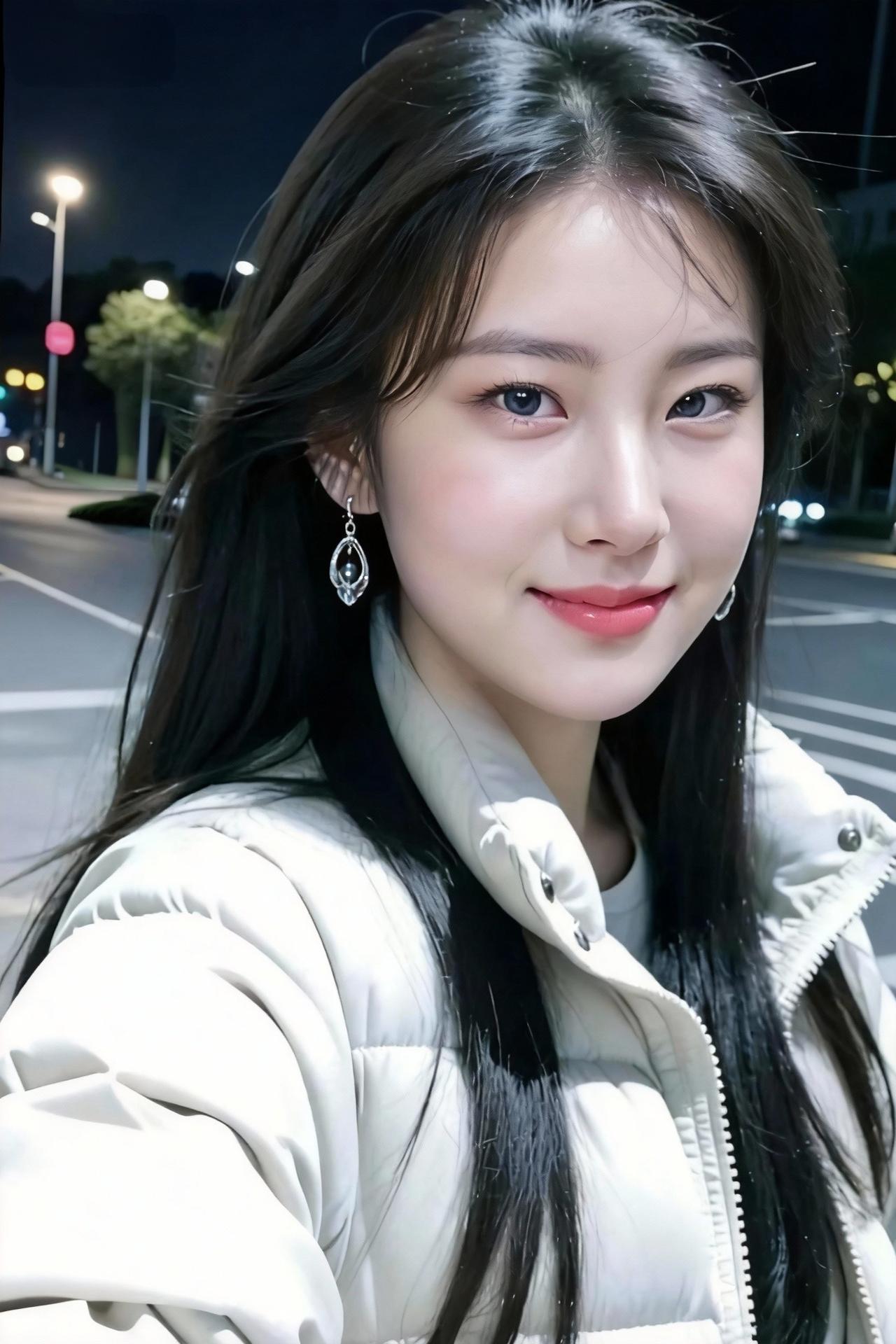 夜晚街头的甜美自拍，微笑中透着温柔与自信。