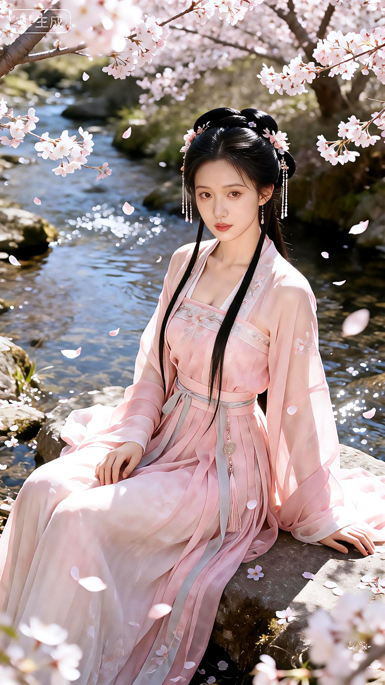 溪畔飞花逐粉裙，垂髻斜倚笑春风。豆包壁纸