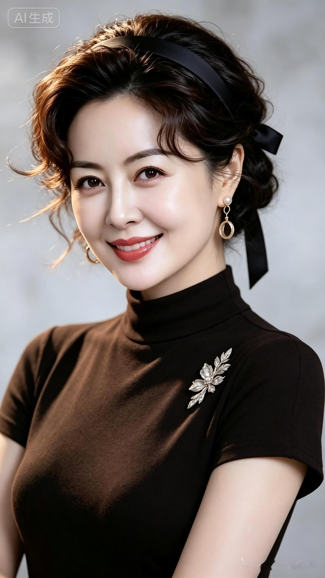 这位女士真漂亮，发型和耳环很配。