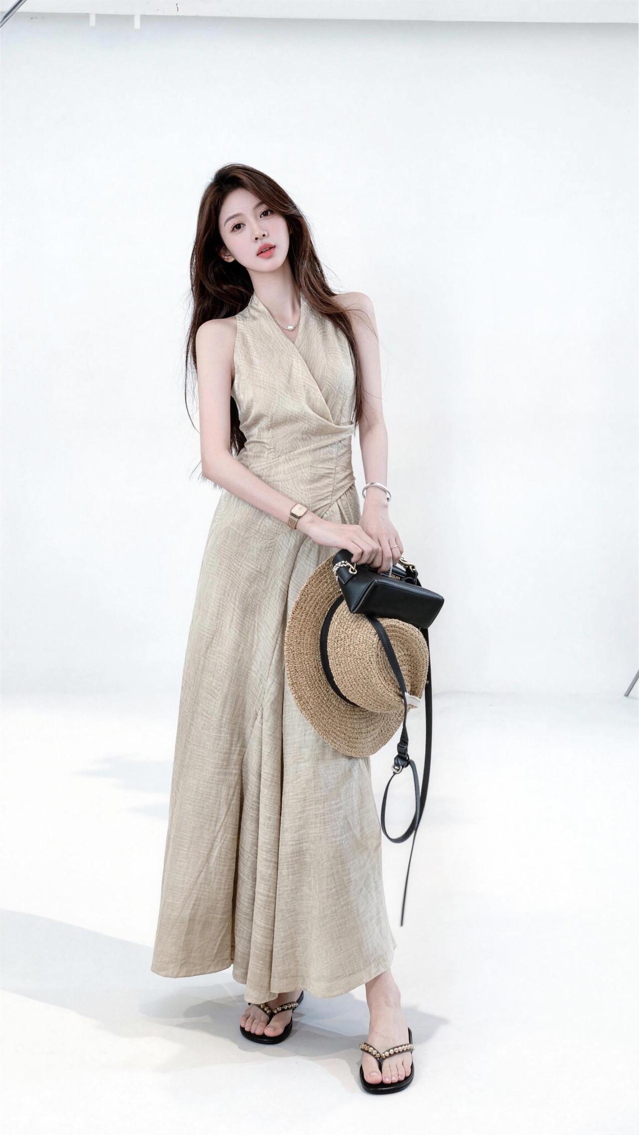 露肩长裙长裙造型米色裙装造型裸色长裙吊带高腰气质长裙