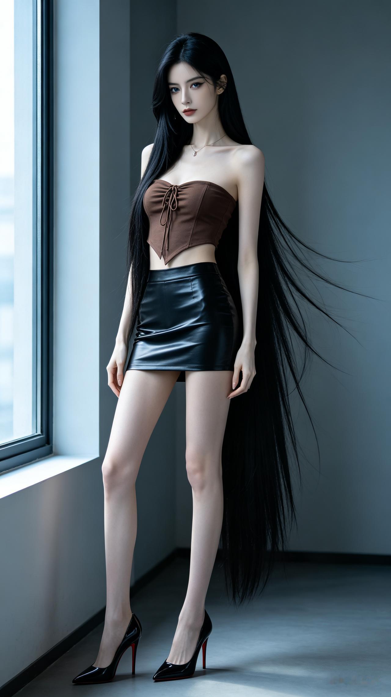 俏美女纤瘦鹅蛋脸冷白皮，乌黑超长偏分直发，棕褐抹胸配黑包臀短裙，窗边冷调侧光勾勒