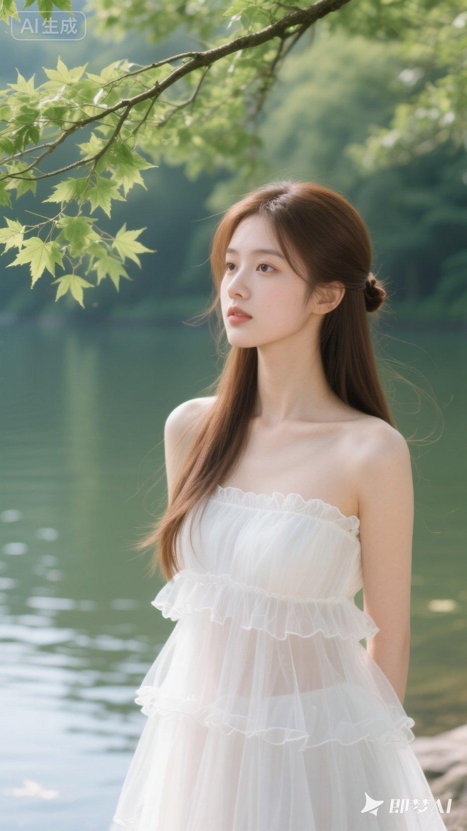 夏日清新少女，湖畔漫步，轻盈飘逸的白色连衣裙，宛如仙子下凡。🌿💫