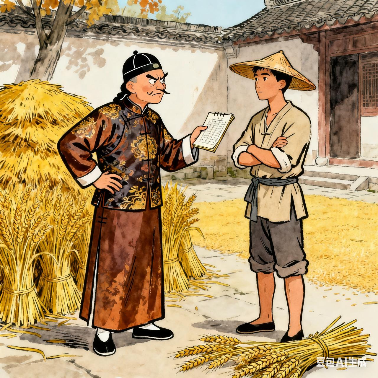 古代笑话地主想克扣工钱，秋收后拉着长工王五对账：“你看，这月你迟到三