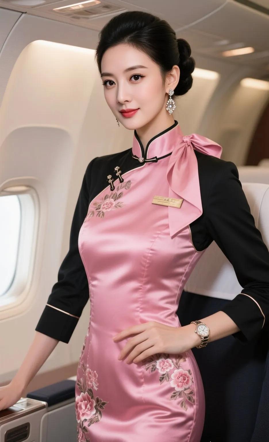 空姐穿着粉色制服，优雅微笑。