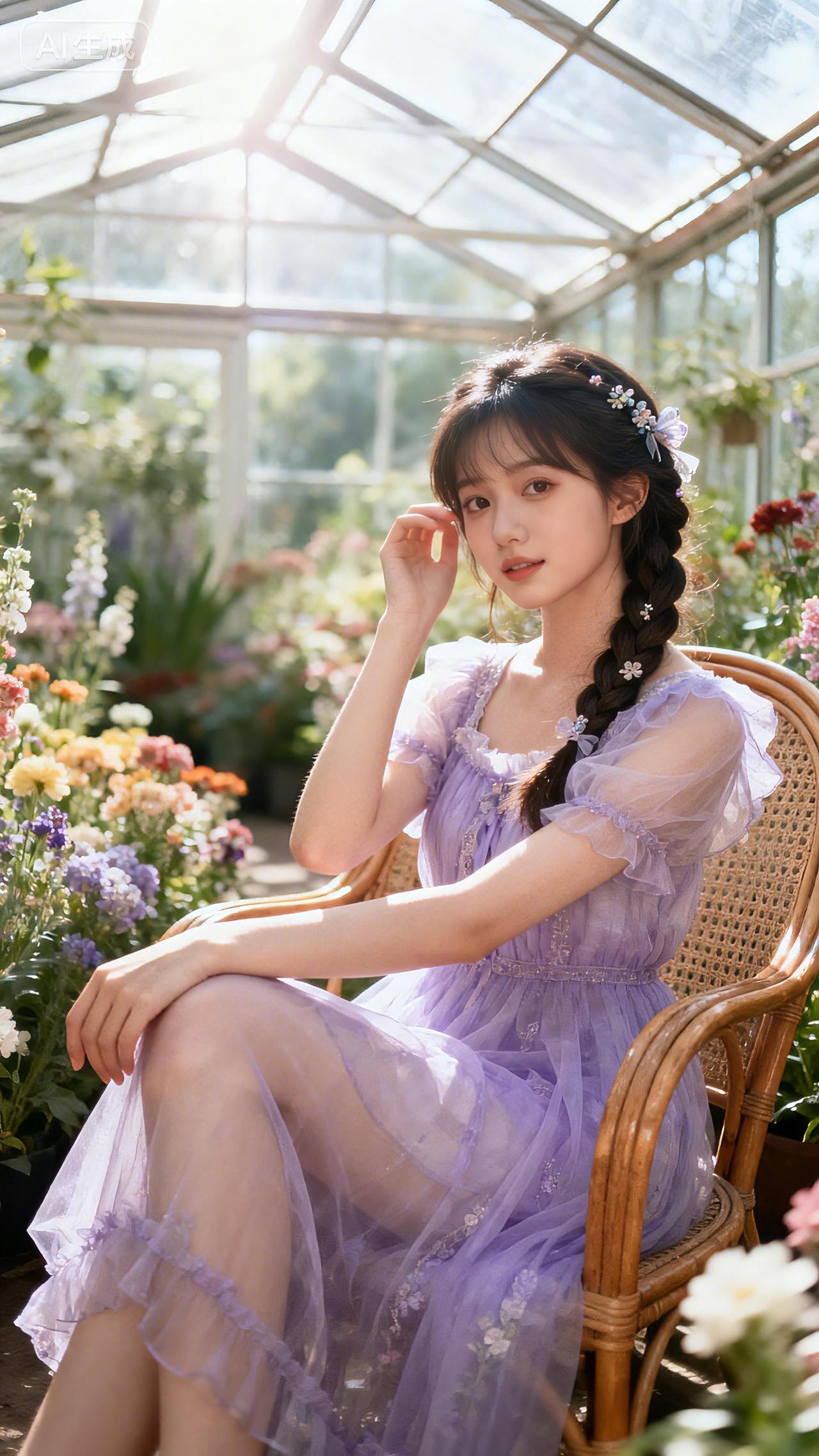 编发少女轻倚藤椅，浅紫纱裙在梦幻花房中随风轻摆。豆包壁纸