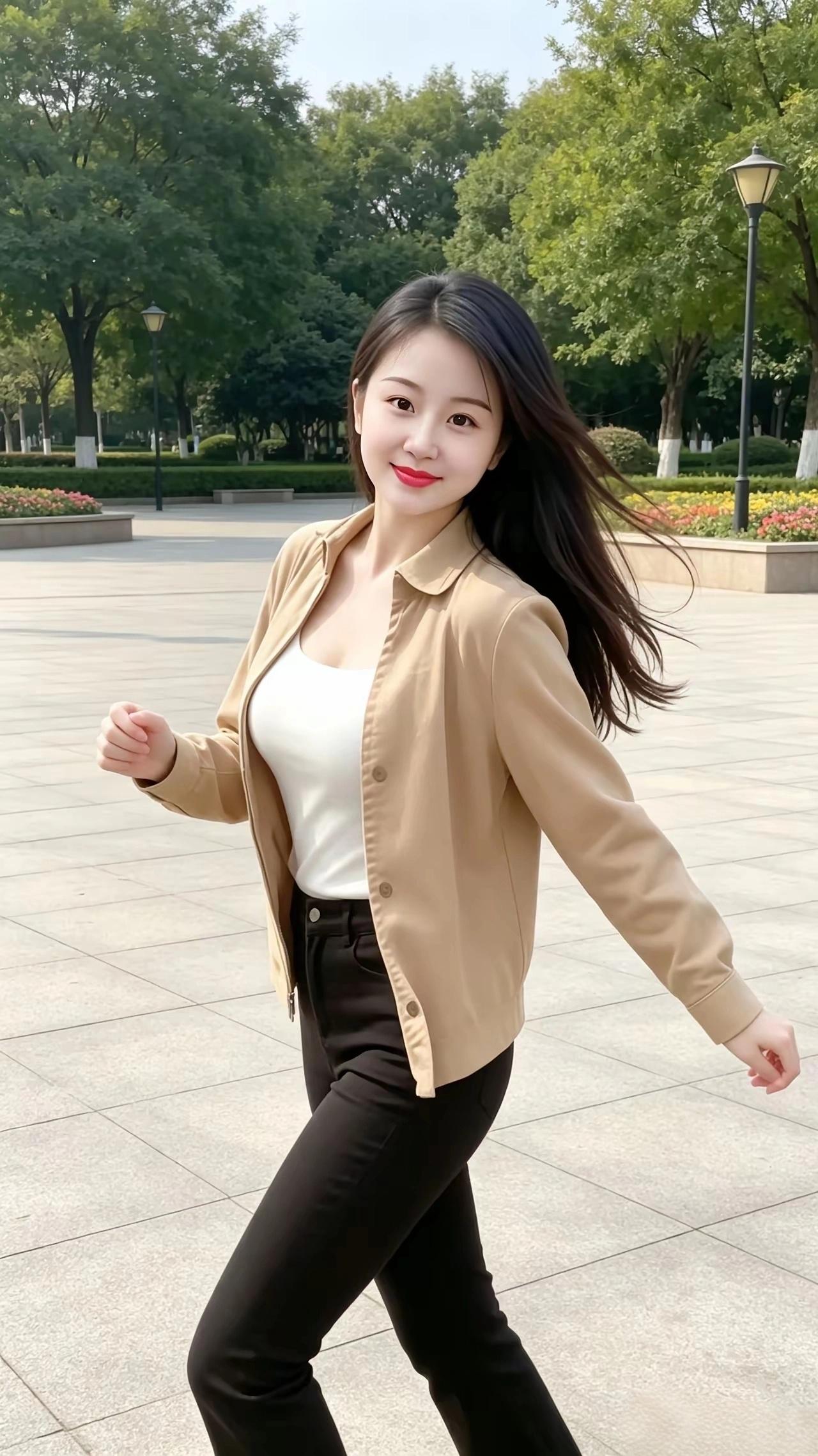  别乱买早秋外套！这件短款太显瘦！竖版人像，户外公园，晴朗白天，柔和自然光，绿