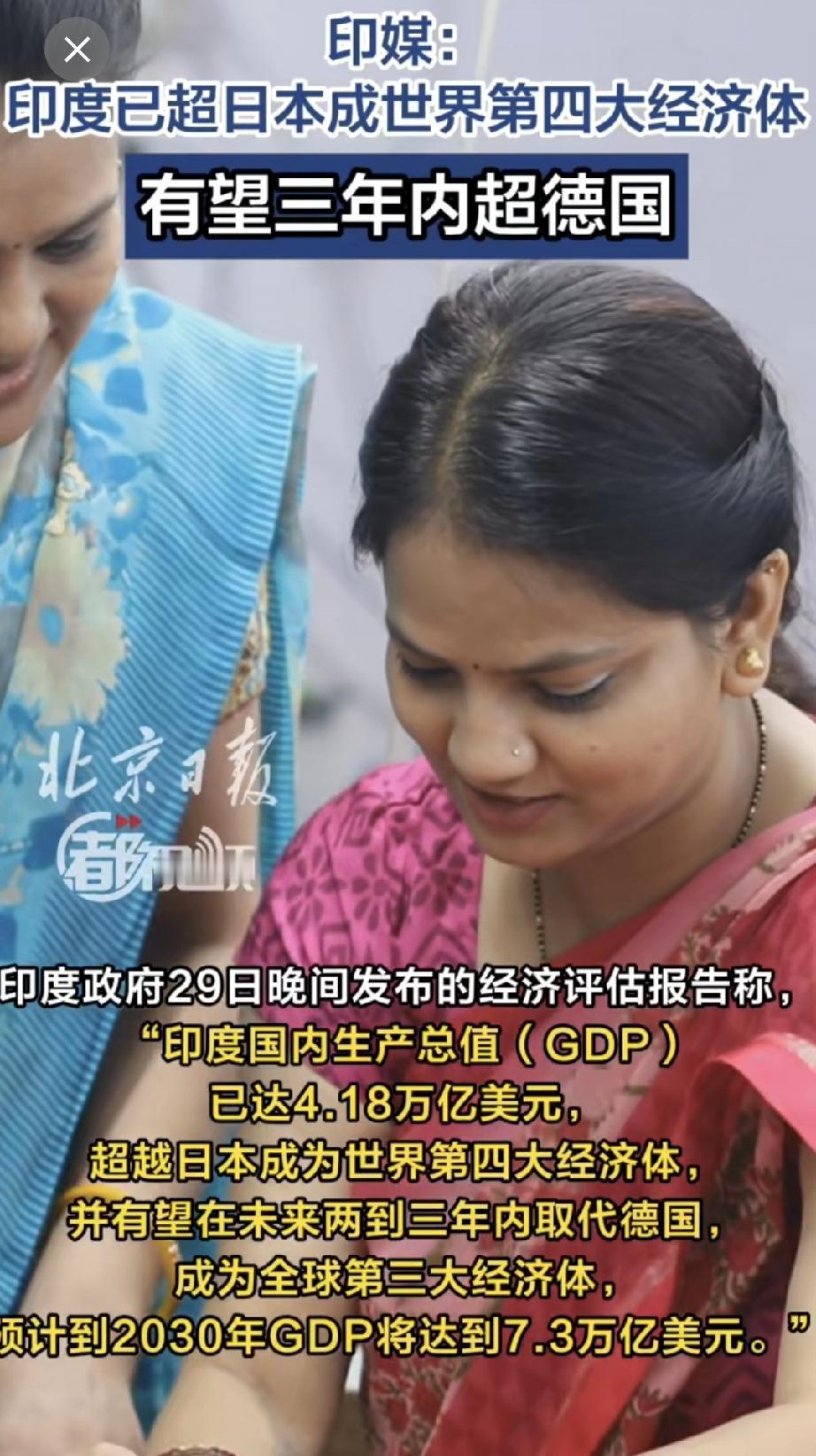 刚看到印度官宣GDP冲到4.18万亿美元，把日本挤下世界第四宝座！印媒还喊出