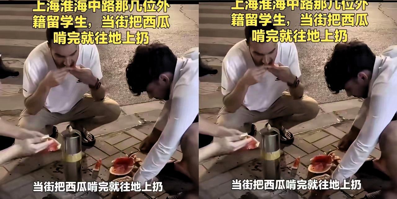 几名印度留学生吃完西瓜，满地随手丢下瓜皮。当地市民好心上前提醒收拾垃圾，对方非但