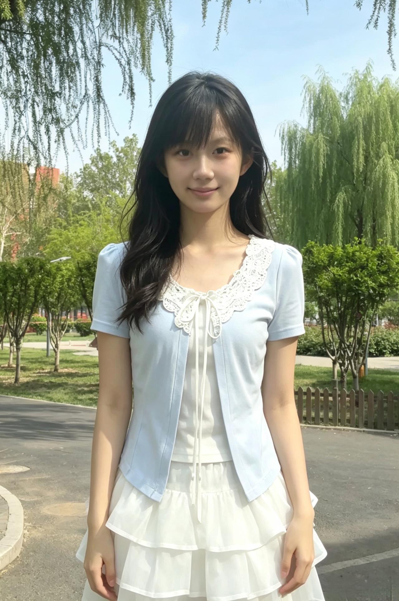 素衣浅袂衬柔容，漫步庭前柳色浓。万种清灵藏眼底，青春眉眼恁从容。