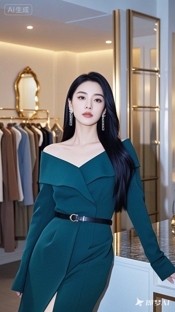人美，黑色垂直中长发，一看就是老板娘，墨绿色一字肩大翻领，高清，蓝光，高级，高贵