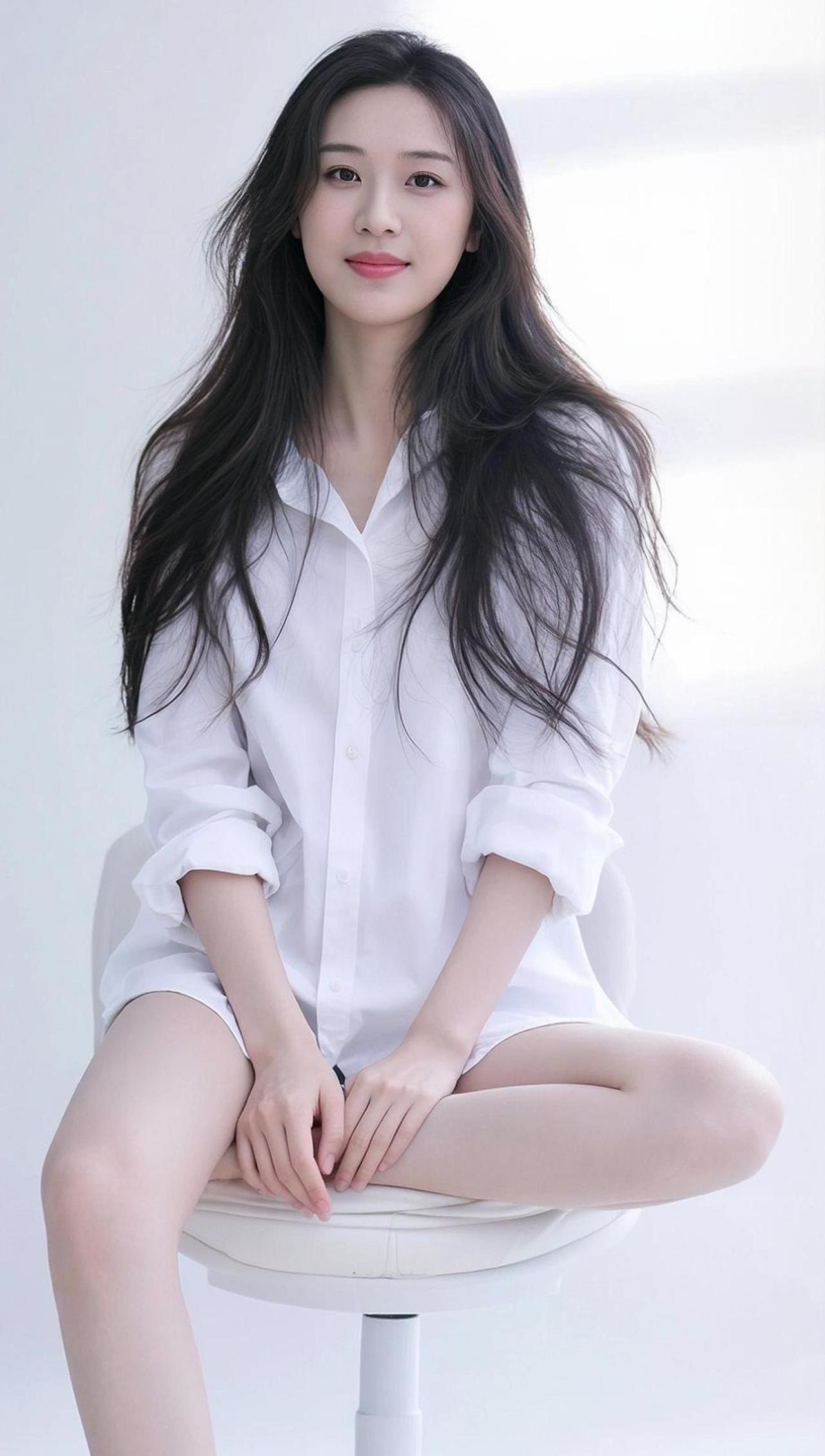 在纯白的世界里，简单的衬衫也能穿出高级感。慵懒的坐姿，随意的发丝，仿佛时间都慢了