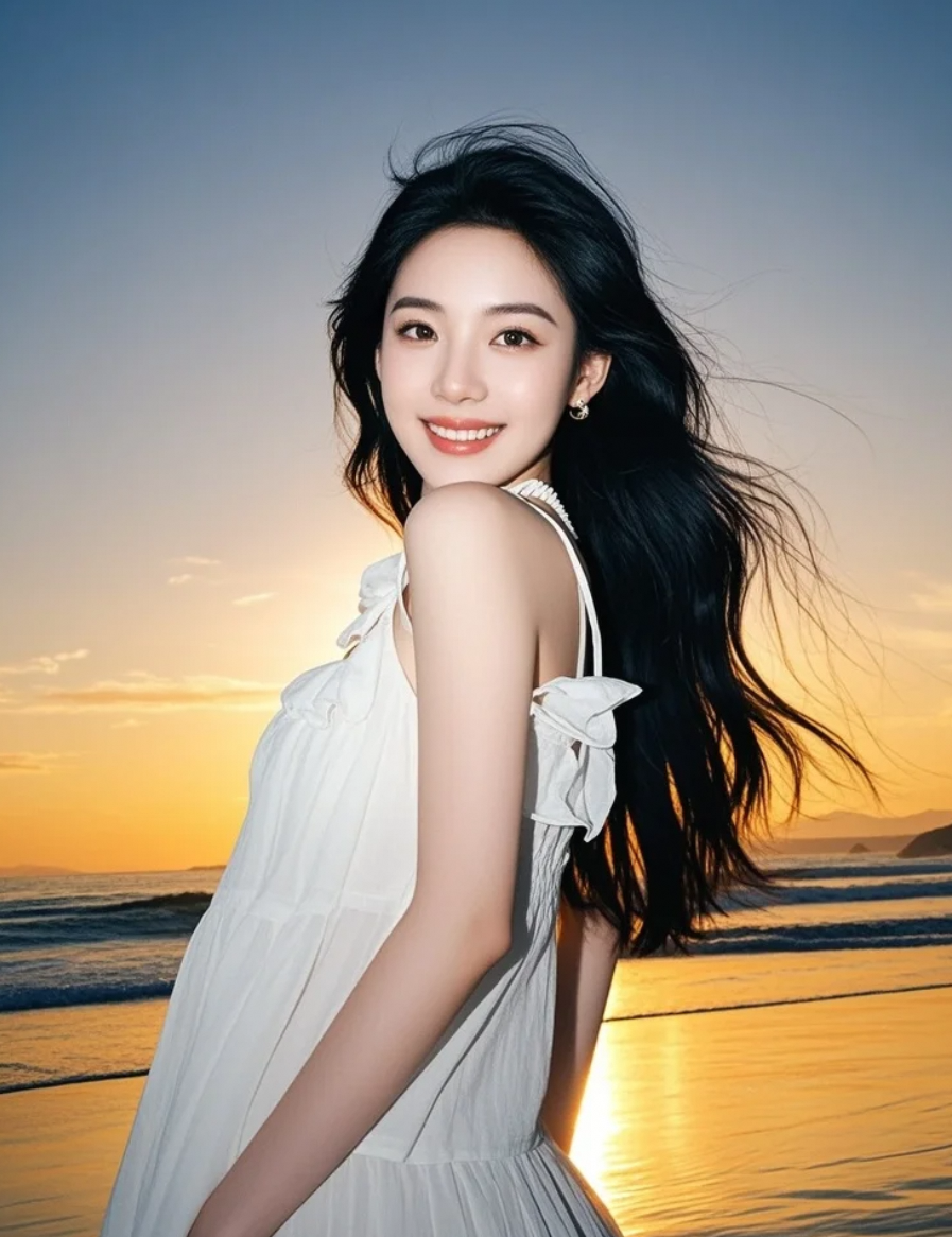 夕阳沙滩，她长发及腰，优雅转身，笑容如花绽放