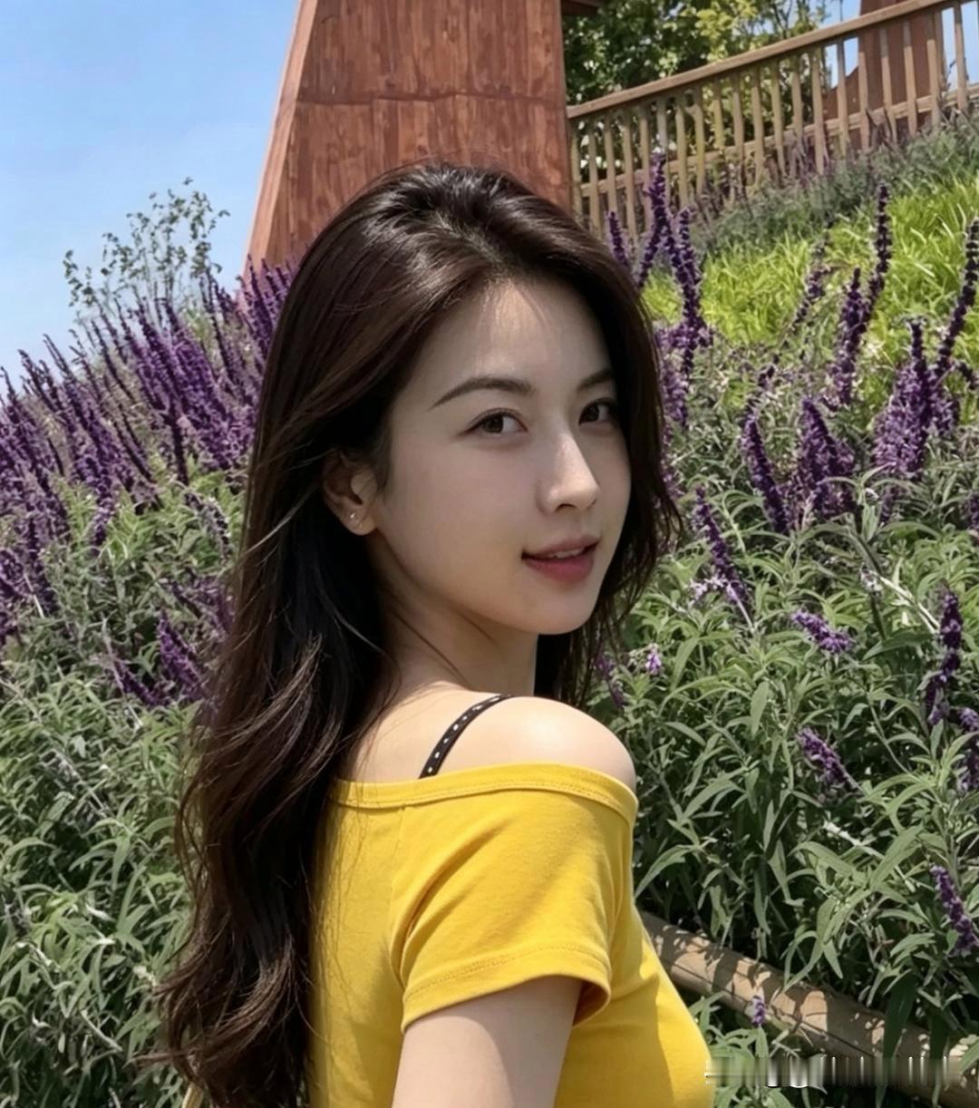 阳光明媚的午后，少女与紫色花海相映成趣。