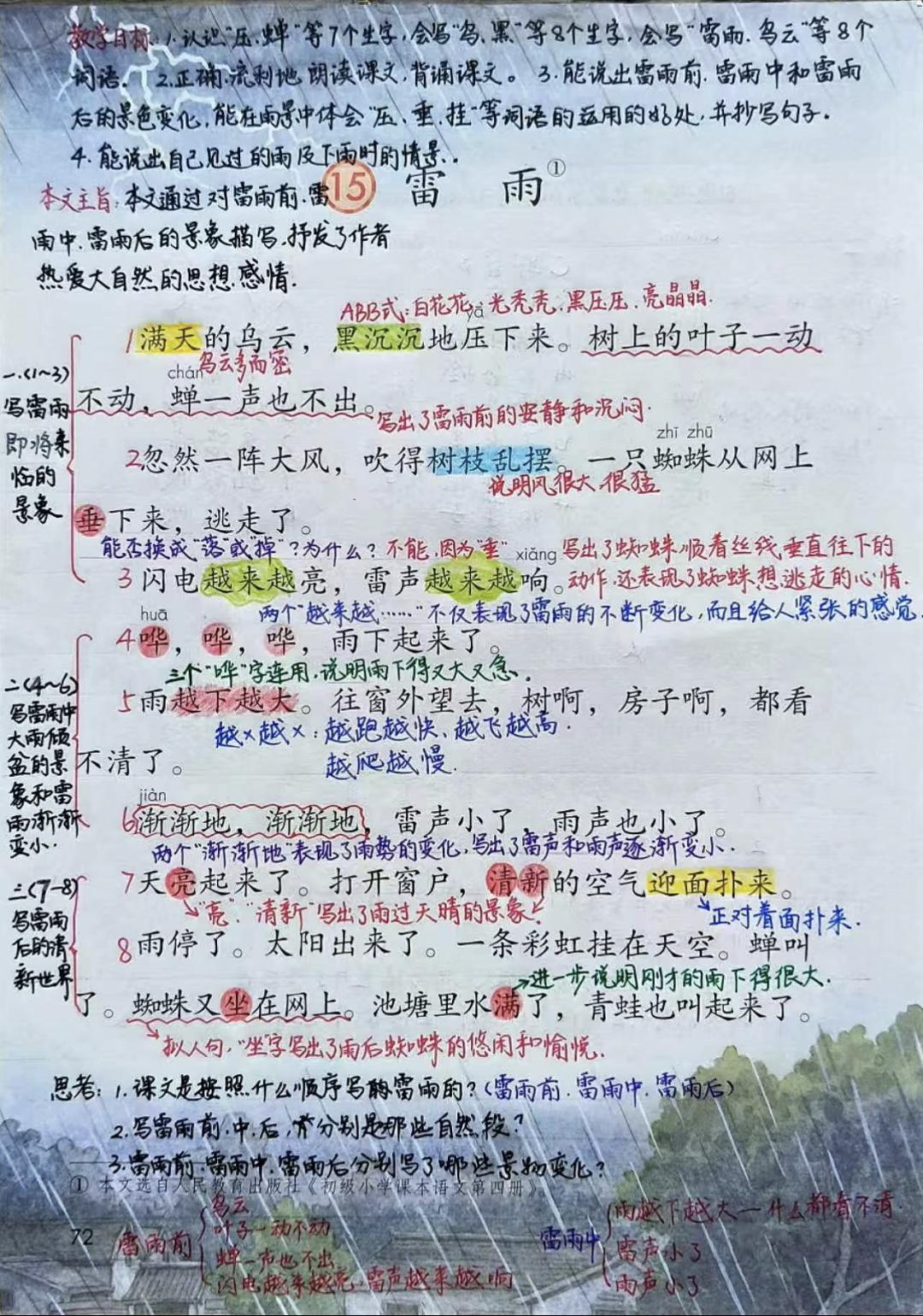 二年级下册语文，第六单元第15课《雷雨》课堂笔记，收藏备用二年级语文