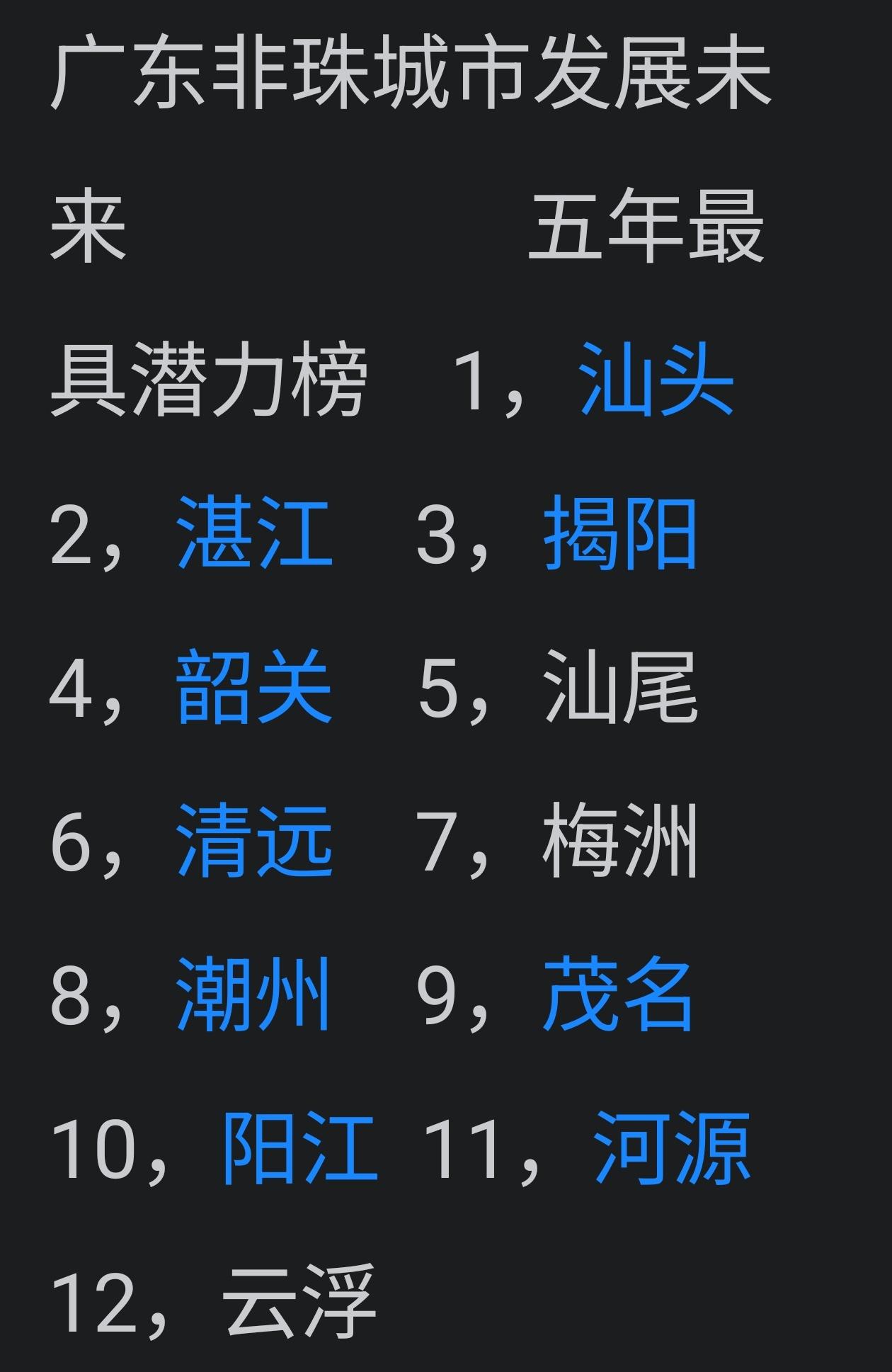 广东省内这几天网络上炒翻天的，谁是非珠潜力股，谁是最有潜力的第一第二城市，个人感