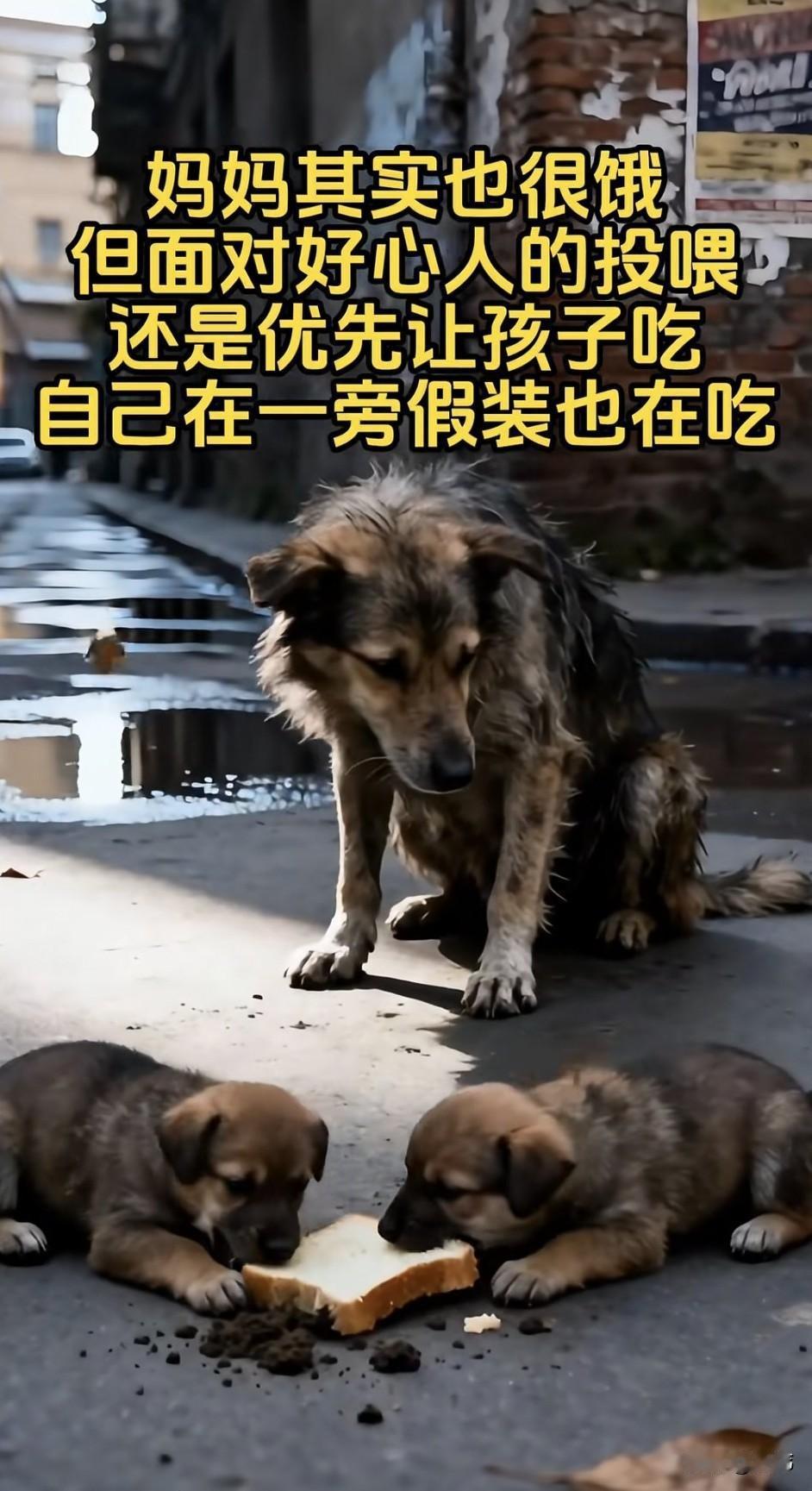 泪目了！一只可怜的流浪狗妈妈已经两天没有吃饭，可它依旧不愿意让它的孩子饿着，这天