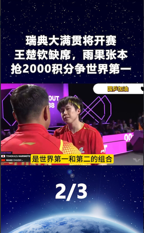 瑞典大满贯将开赛，王楚钦缺席，雨果张本抢2000积分争世界第一。孙颖莎和王曼昱
