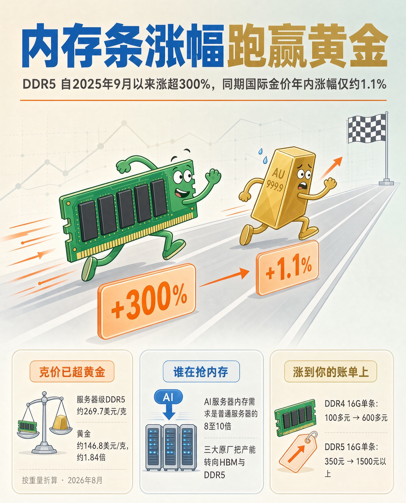 一年涨三倍，内存条跑赢黄金！华强北的报价单上，DDR516G已涨到1400以上，DDR4也从100多