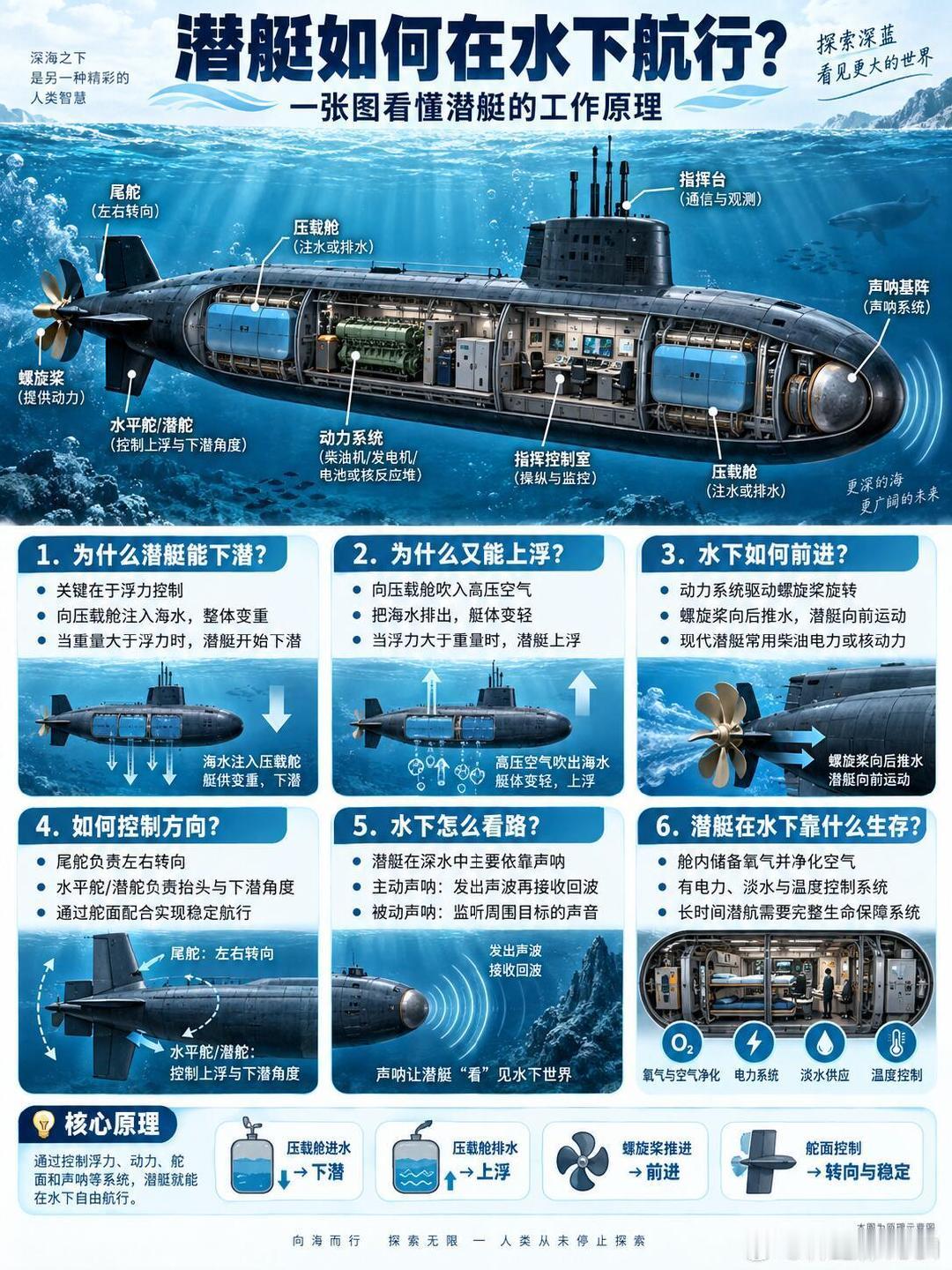 潜艇如何在水下航行？一张图看懂潜艇的工作原理​