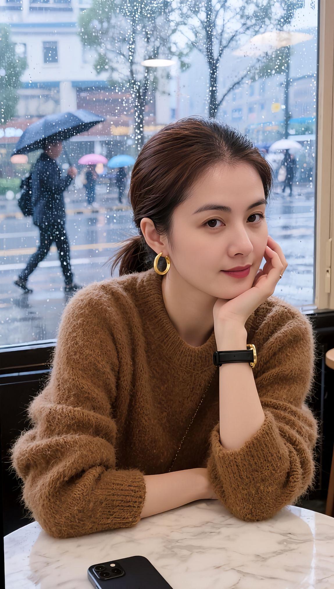 一位女孩在窗边看着雨中的街景。