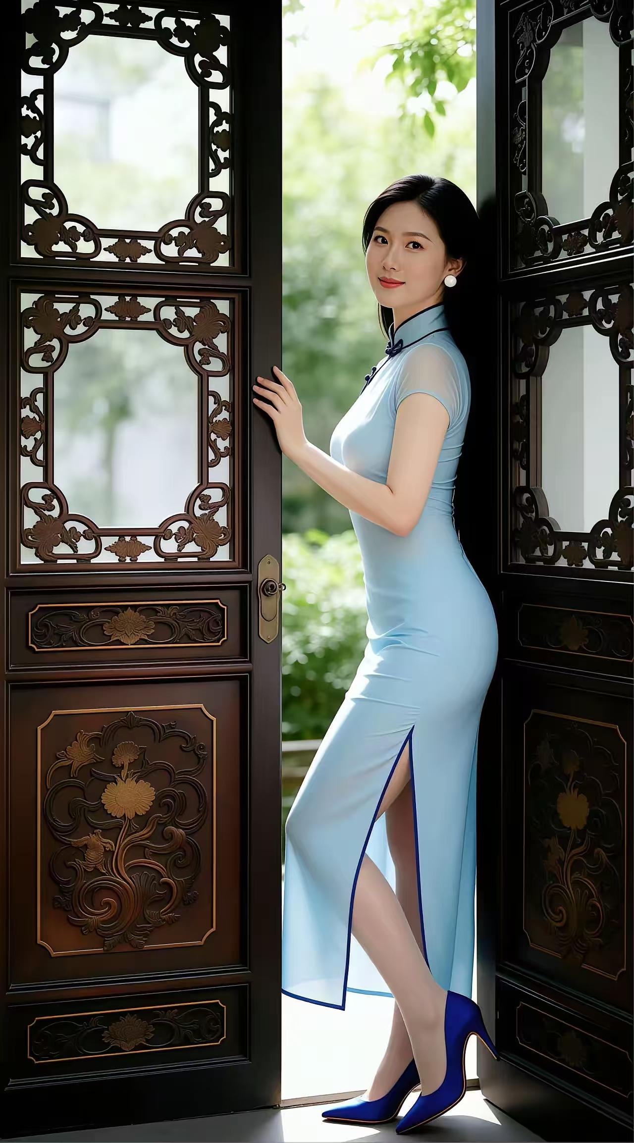 蓝鞋旗袍韵蓝鞋亮片映华光，优雅旗袍韵味长。复古门扉添雅意，东方风情梦流芳