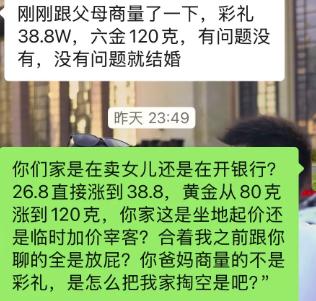 对方发来消息，刚和父母商量完，彩礼直接定38.8万，六金要120克，问男