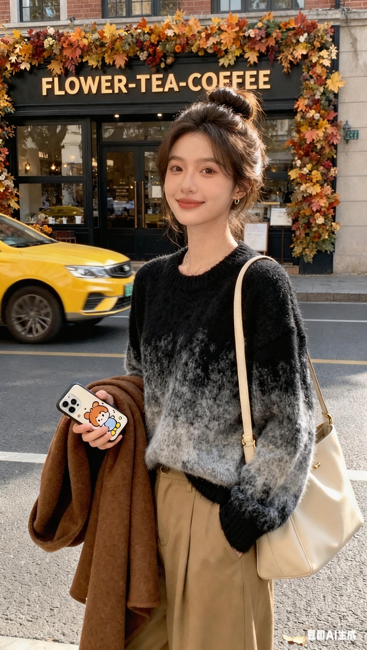 秋日穿搭指南🍂温暖毛衣+高腰裤，咖啡馆前打卡📸