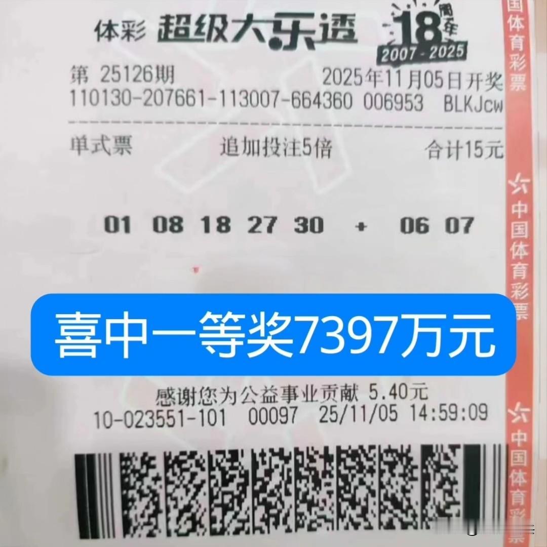 河北彩民15元单挑一组大乐透彩票，结果7个号码全中，轻松拿下一等奖7397万元，