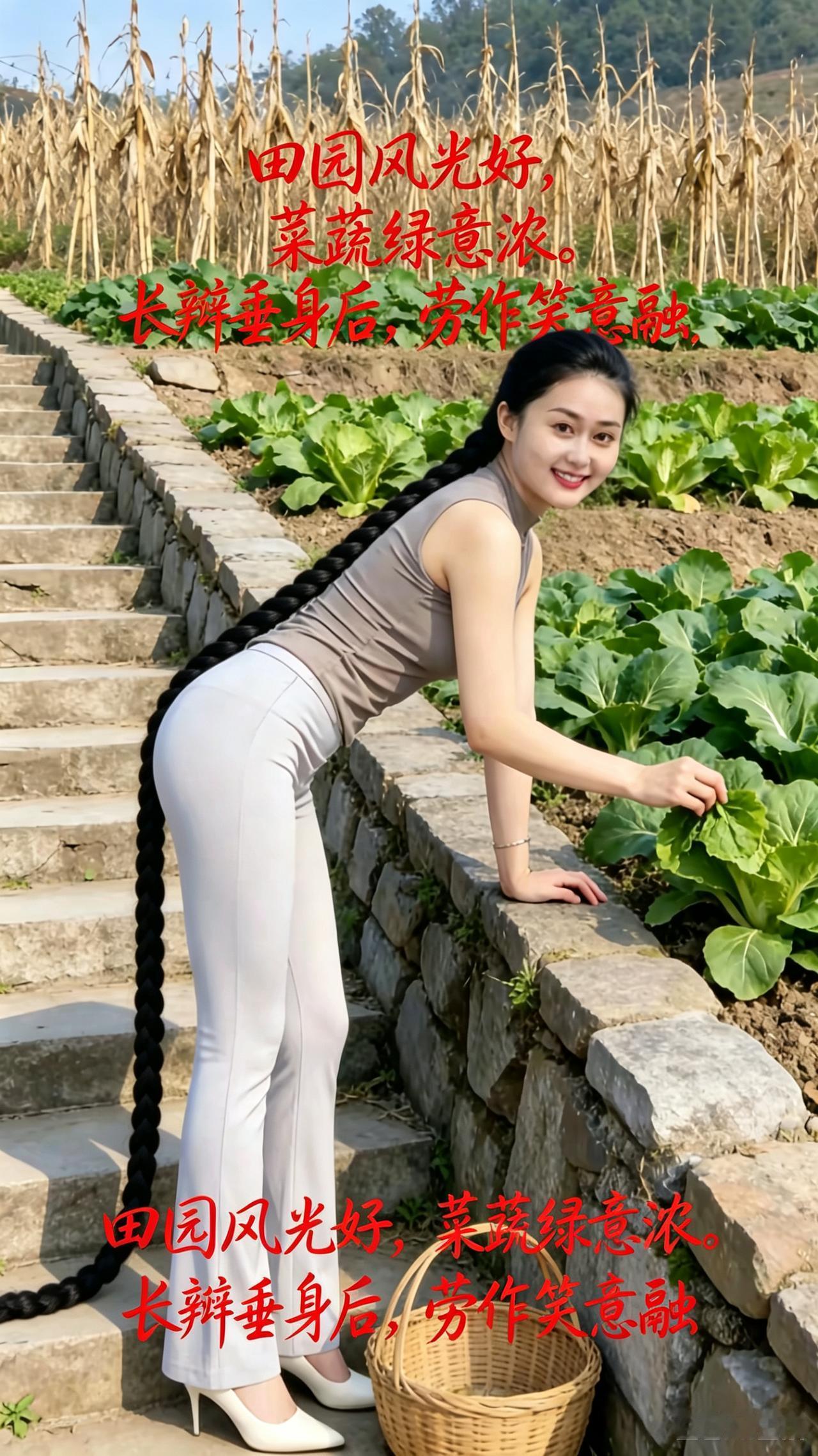 田园风光好，蔬菜绿意浓，长辫垂身后，劳作笑意融。蔬菜地里的乐趣乡村菜园风光