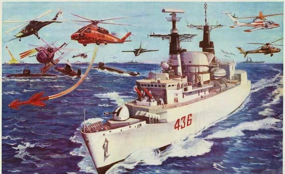 70年代，画家描绘的海陆空军大演习的震撼场景。各种先进武器轮番上场，场面宏大壮