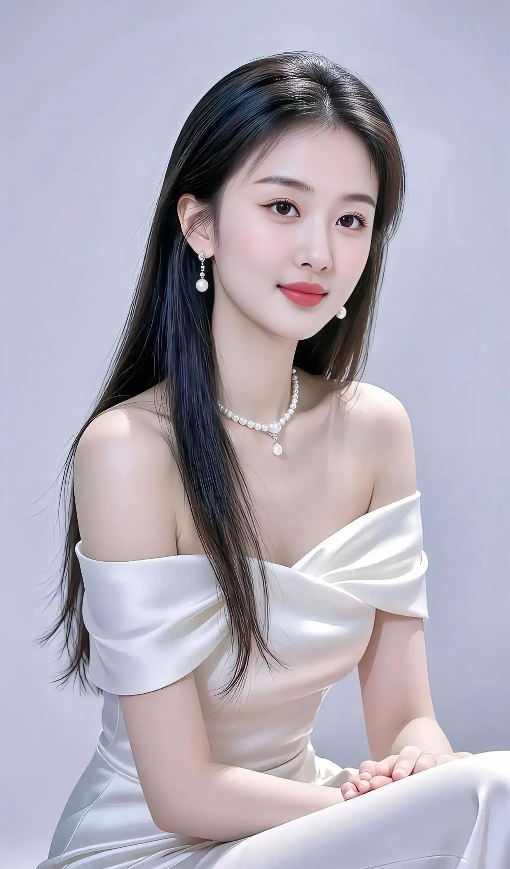 白缎子轻拢肩头，珍珠串起温柔。长发垂落一缕静，耳坠摇着光走。浅笑